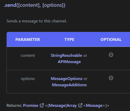 TextChannel#send on the docs